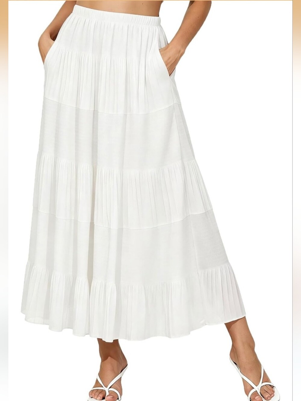 Nashalyly Boho Lined White Tiered Maxi Skirt Chiffon Medium